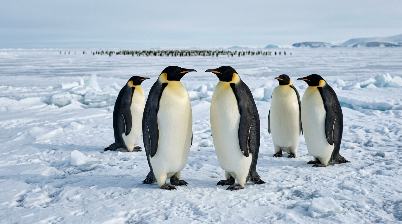 Illustration of emperor penguins gathered on Antarctic sea ice